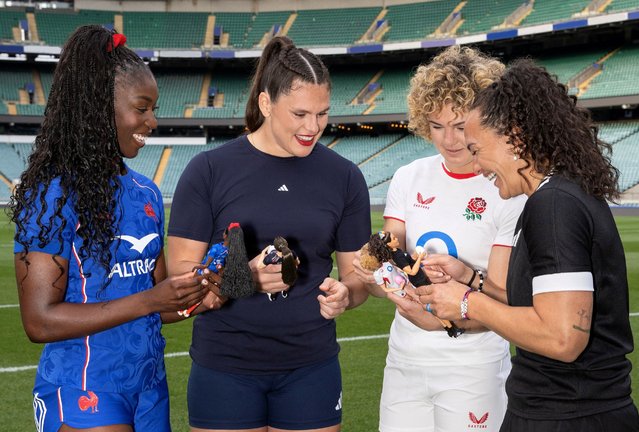 England's Ellie Kildunne, France's Nassira Konde, New Zealand's Portia Woodman and Ilona Maher of the U.S. with their new one-of-a-kind Barbie dolls at Allianz Stadium in Twickenham, London, Britain on September 29, 2025 . The first time toymaker Mattel has ever produced a rugby doll. (Photo by Mattel/Handout via Reuters)