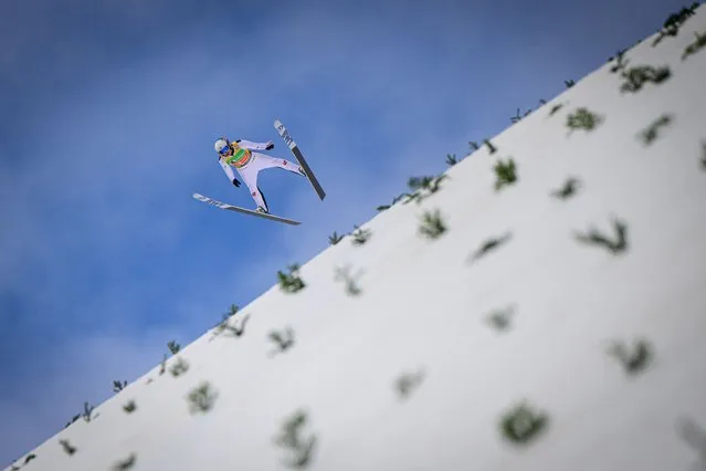 Norway's Halvor Egner Granerud competes during the Men Flying Hill Individual competition, final event of the FIS Ski Jumping World Cup in Planica, on April 2, 2023. (Photo by Jure Makovec/AFP Photo)