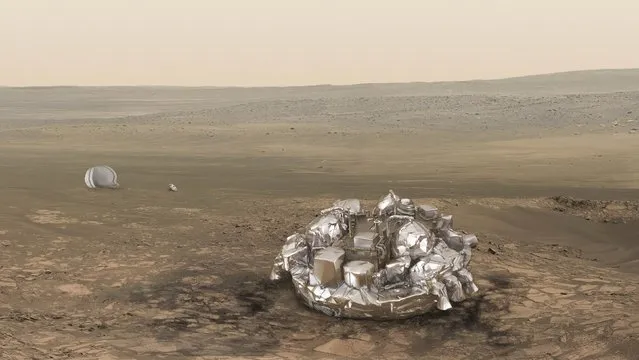 An illustration released by the European Space Agency (ESA) shows the Schiaparelli EDM lander. Europe’s second attempt to reach the surface of Mars appeared in peril Thursday as initial analysis suggested the latest lander may have plummeted to its demise. While holding out faint hope, ground controllers said it seemed the paddling pool-sized lander’s parachute may have been discarded too early, and its fall-breaking thrusters switched off too soon. The lander, dubbed Schiaparelli, was on a test-run for a future rover that will seek out evidence of life, past or present, on the Red Planet. But it fell silent seconds before its scheduled touchdown, while its mothership Trace Gas Orbiter (TGO) entered Mars’ orbit as planned – part of a joint European-Russian project. “We are not in a position yet to determine the dynamic condition at which the lander touched the ground”, European Space Agency (ESA) head of solar and planetary missions Andrea Accomazzo told a webcast news briefing at mission control in Darmstadt, Germany. (Photo by Reuters/ESA/ATG Medialab)