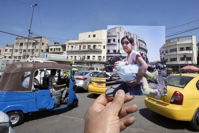 A photograph of a girl carrying a baby on the spot of the previous day's car bomb attack that killed killed and wounded hundreds at the Sadriyah market in Baghdad, Iraq, Thursday, April 19, 2007, is inserted into the scene at the same location on Monday, March 20, 2023, 20 years after the U.S. led invasion on Iraq and subsequent war. (Photo by Hadi Mizban/AP Photo)