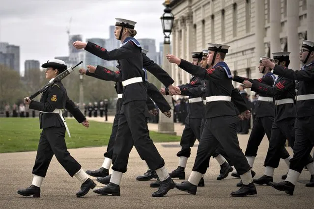 Sea Cadets from across the UK march during a parade in Lower Grand Square as a tribute to King Charles III after his Coronation on Saturday, in Greenwich, England, Monday, May 8, 2023. (Photo by Vadim Ghirda/AP Photo)