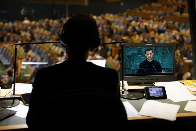 Ukraine's President Volodymyr Zelenskiy is displayed on a screen as he addresses the 79th United Nations General Assembly at U.N. headquarters in New York, U.S., September 25, 2024. (Photo by Shannon Stapleton/Reuters)
