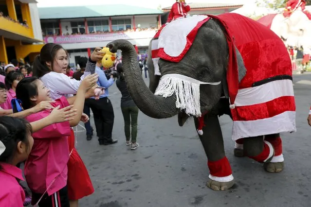 Children receive a puppet thrown by an elephant as they attend a Christmas festival in a primary school in Ayutthaya, Thailand, December 24, 2015. (Photo by Jorge Silva/Reuters)