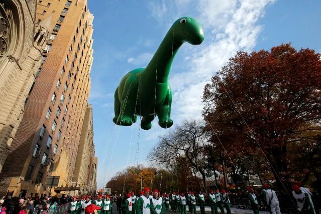 Sinclair Oil's Dino balloon is carried down Central Park West during the 90th Macy's Thanksgiving Day Parade in Manhattan, New York, U.S., November 24, 2016. (Photo by Andrew Kelly/Reuters)
