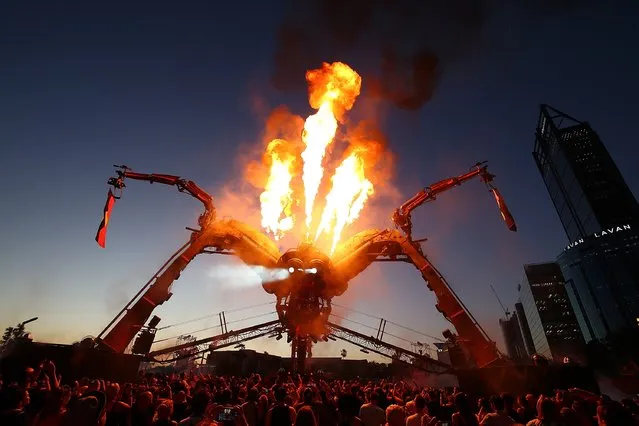 Crowds gather for the opening act of the Arcadia Spider at Elizabeth Quay on November 25, 2016 in Perth, Australia. The Arcadia spider is made out of recycled military and industrial machinery and is over 15 metres tall. Arcadia Australia is exclusive to Perth, with events and shows taking place November 25 - 27. (Photo by Paul Kane/Getty Images)