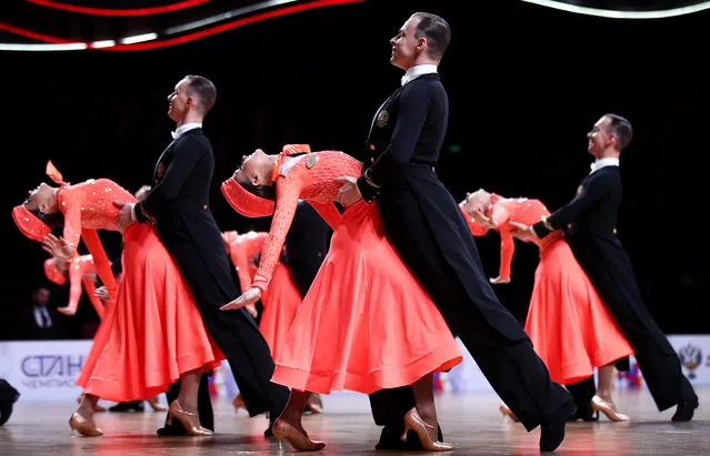 Members of the Duet team (Perm) perform the Welcome Aboard routine at the 2021 Russian Dancesport Championships at Irina Viner-Usmanova Gymnastics Palace in Moscow, Russia on March 23, 2021. (Photo by Sergei Bobylev/TASS)