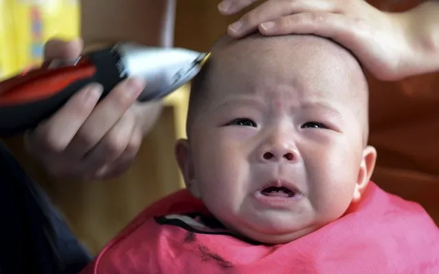 A child cries during a haircut at a barbershop during the Longtaitou Festival in Zhengzhou, Henan province March 21, 2015. (Photo by Reuters/China Daily)