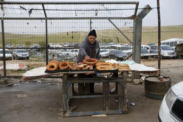 A vendor sells food for Palestinians working in Israel before they cross through the Israeli-controlled Mitar checkpoint south of the West Bank city of Hebron January 19, 2016. (Photo by Mussa Qawasma/Reuters)