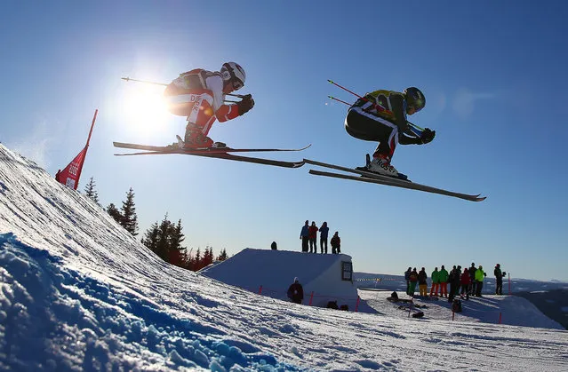 Nicoline Nielsen (L) of Denmark and Margot Tresal Mauroz of France compete during the Ladies Ski Cross at the Hafjell Freepark heats at the Winter Youth Olympic Games, Lillehammer Norway, 15 February 2016. (Photo by Simon Bruty/EPA)