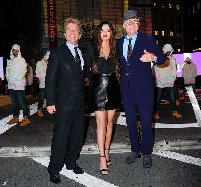Martin Short, Selena Gomez and Steve Martin pose while promoting their new show “Only Murders in the Building” on September 07, 2021 in New York City. (Photo by Gotham/GC Images)