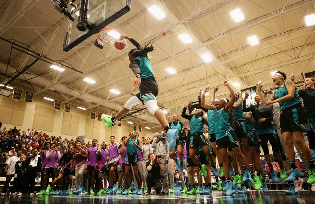 Francesca Belibi competes in the dunk contest during the 2019 Powerade Jam Fest on March 25, 2019 in Marietta, Georgia. (Photo by Mike Ehrmann/Getty Images for Powerade)