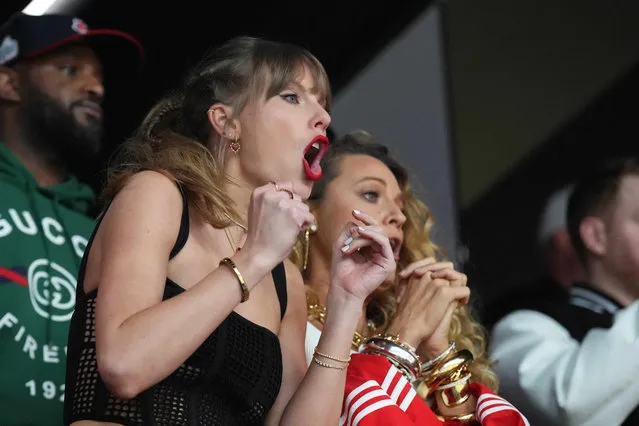 Taylor Swift reacts during the first quarter at Allegiant Stadium on February 11, 2024 in Las Vegas, Nevada. (Photo by Joe Camporeale/USA Today Sports)