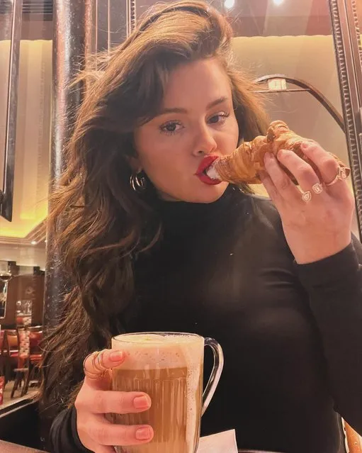 American singer and actress Selena Gomez enjoys a croissant and a latte in the second decade of February 2024. (Photo by selenagomez/Instagram)