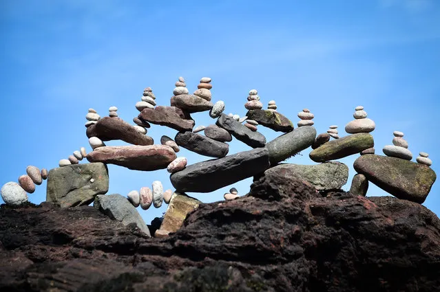 A picture shows a balanced sculpture built during the European Stone Stacking Championships 2019 in Dunbar, Scotland, on April 21, 2019. The European Stone Stacking Championships are Europe's largest championships for all Stone Stacking and Rock Balancing artists and practitioners. Stackers compete in four competitions creating sculptures using stones and balancing them using only the force of gravity. The overall winner receives a trip to llano Earth Art Festival and World Stone Balancing competition 2020. (Photo by Andy Buchanan/AFP Photo)