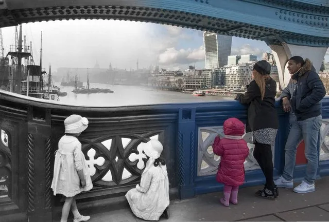 A view from the west side of Tower Bridge in c.1930 and 2014. (Photo by Museum of London/Streetmuseum app)