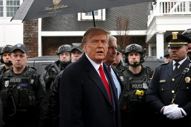 Former U.S. President Donald Trump speaks to the media after attending the wake of slain NYPD Officer Jonathan Diller at the Massapequa Funeral Home on March 28, 2024 in Massapequa, New York. Officer Diller was killed on March 25th when he was shot in Queens after approaching an illegally parked vehicle. Two suspects have been arrested and charged, and are being held without bail for the killing. Trump met with the officers family members, local police officers and other officials. (Photo by Spencer Platt/Getty Images)