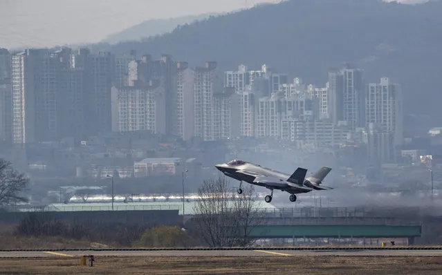 A U.S. made F-35A fighter jet prepares to land at Cheongju Air Base in Cheongju, South Korea, Friday, March 29, 2019. South Korea on Friday received the first two of the 40 F-35A fighter jets that it has agreed to buy from Lockheed Martin by 2021. The F-35A jets that arrived at the airport in southern South Korea have become the country's first stealth fighter jets. North Korea has previously called the introduction of F-35A aircraft a plot by Seoul to attack North Korea. (Photo by Jin Sung-chul/Yonhap via AP Photo)