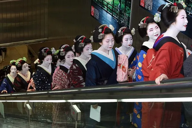 This picture taken on June 21, 2015 shows apprentice geishas, or “maiko”, from Japan's ancient capital Kyoto on an escalator at the Kyoto station as they move from Kyoto to Tokyo by shinkansen bullet train. Some 40 maikos performed traditional dances in Tokyo for the summer travel campaign to Kyoto. (Photo by AFP Photo/JIJI Press)