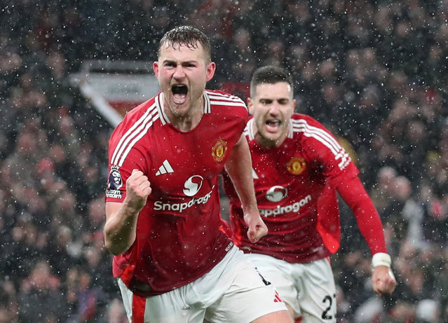 Matthijs de Ligt of Manchester United celebrates after scoring their team's second goal during the Premier League match between Manchester United FC and Ipswich Town FC at Old Trafford on February 26, 2025 in Manchester, England. (Photo by Scott Heppell/Reuters)