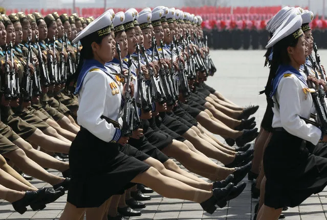 Soldiers march past the podium during a military parade to celebrate the centenary of the birth of North Korea's founder Kim Il-sung in Pyongyang, April 15, 2012. (Photo by Bobby Yip/Reuters)