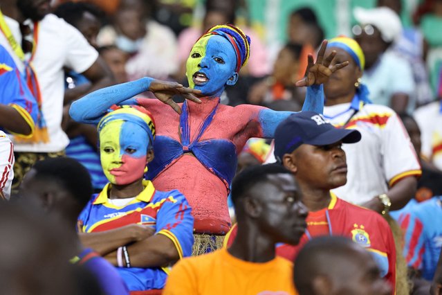 A Democratic Republic of Congo supporter gestures ahead of the Africa Cup of Nations (CAN) 2024 group F football match between Tanzania and Democratic Republic of Congo at the Amadou Gon Coulibaly Stadium in Korhogo on January 24, 2024. (Photo by Fadel Senna/AFP Photo)