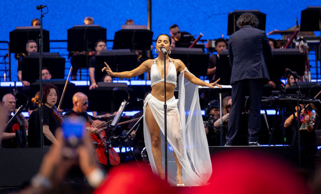 American singer Becky G and Gustavo Dudamel & LA Phil the perform at the Outdoor Theatre at the 2025 Coachella Valley Music And Arts Festival on April 12, 2025 in Indio, California. (Photo by Matt Winkelmeyer/Getty Images for Coachella)