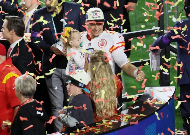 Patrick Mahomes #15 of the Kansas City Chiefs celebrates with family after Super Bowl LVII against the Philadelphia Eagles at State Farm Stadium on February 12, 2023 in Glendale, Arizona. The Chiefs defeated the Eagles 38-35. (Photo by Brendan Mcdermid/Reuters)