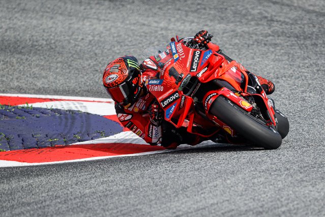 Ducati Lenovo Team's Italian rider Francesco Bagnaia races during a practice session of the Austrian MotoGP weekend at the Red Bull Ring racetrack in Spielberg, Austria on August 16, 2024.  (Photo by Jure Makovec/AFP Photo)