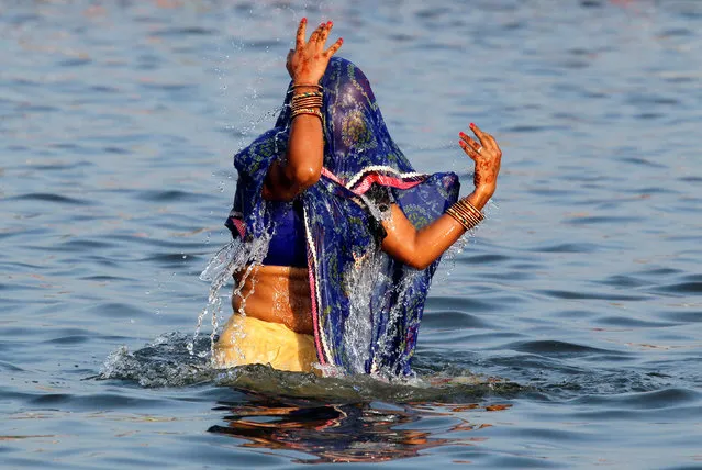 A Hindu woman takes a dip in the waters of Sun Lake before worshiping the Sun god during the religious festival of Chhat Puja in Chandigarh, India, November 6, 2016. (Photo by Ajay Verma/Reuters)