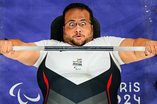 An overview shows Egypt's Amr Mosaad competing in the Men's Powerlifting over 107kg final during the Paris 2024 Paralympic Games, at La Chapelle Arena in Paris, on September 8, 2024. (Photo by François-Xavier Marit/AFP Photo)