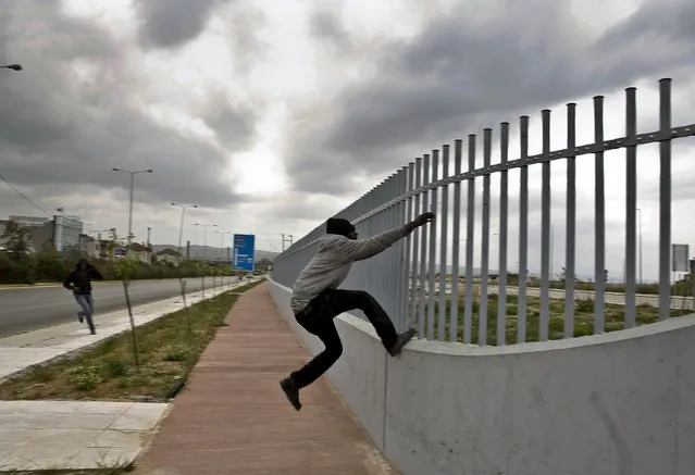 An African migrant tries to jump a fence into a ferry terminal in the western Greek town of Patras April 28, 2015. Afghan, Iranian and Sudanese migrants, living precariously in abandoned factories in Patras, southwest Greece, try to stow away on nearby ferries to Italy as they seek a better life in Europe beyond crisis-hit Greece. The number of refugees and migrants landing in Europe by sea crossing could reach 1 million this year, the U.N. says. Half of those arriving are Syrians fleeing war. (Photo by Yannis Behrakis/Reuters)