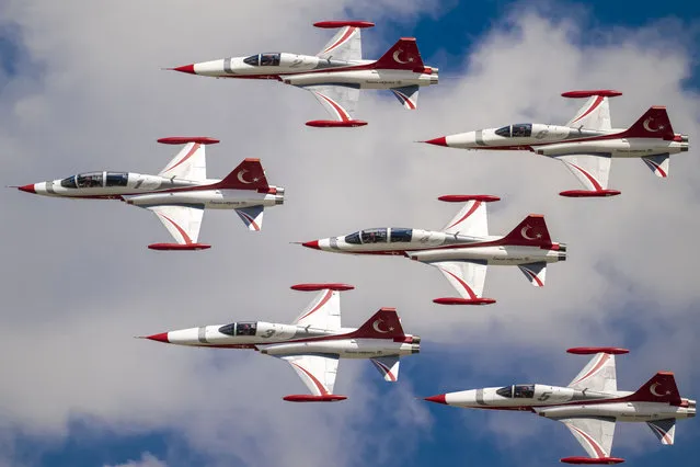 Turkish Stars, the aerobatic demonstration team of the Turkish Air Forces, and SOLOTURK, a world-famous flight demonstration team, perform after the International Anatolian Phoenix Exercise-2023, in Konya, Turkiye on June 15, 2023. (Photo by Mustafa Ciftci/Anadolu Agency via Getty Images)