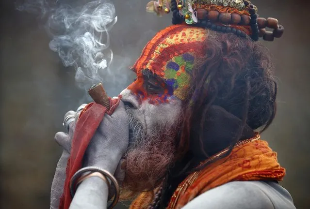 A Hindu holy man, or sadhu, smokes marijuana in a chillum on the premises of Pashupatinath Temple in Kathmandu February 17, 2015. Hindu holy men from Nepal and India come to this temple to take part in the Maha Shivaratri festival. Celebrated by Hindu devotees all over the world, Shivaratri is dedicated to Lord Shiva, and holy men mark the occasion by praying, smoking marijuana or smearing their bodies with ashes. (Photo by Navesh Chitrakar/Reuters)
