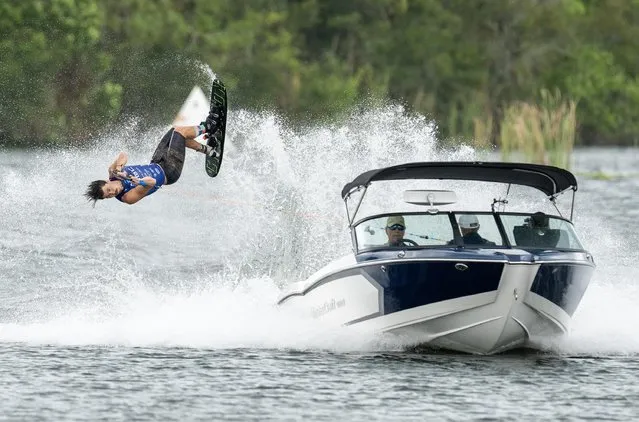 Joel Poland of Great Britain trick skis during the finals at the Florida Cup Water Ski Championships presented by World Water Skiers at Ski Fluid Training Centre on September, 2, 2023 in Polk City, Florida, United States. (Photo by Johnny Hayward/Getty Images)