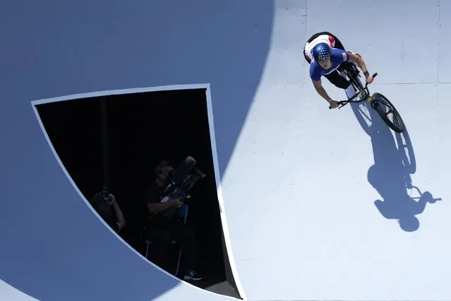 Perris Benegas of the United States competes in the women's BMX freestyle final at the 2020 Summer Olympics, Sunday, August 1, 2021, in Tokyo, Japan. (Photo by Ben Curtis/AP Photo)