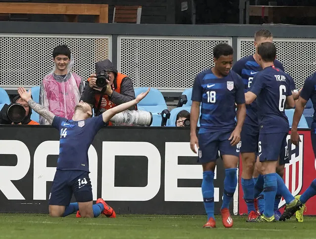 U.S. defender Paul Arriola (14) reacts after scoring a goal against Costa Rica during the second half of an international friendly soccer match Saturday, February 2, 2019, in San Jose, Calif. The U.S. team won 2-0. (Photo by Tony Avelar/AP Photo)