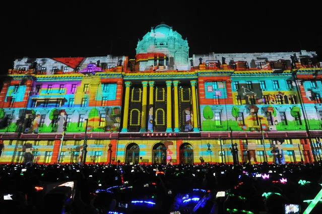 External view of the 4D Light Show held to celebrate new year at The Bund on December 31, 2013 in Shanghai, China. (Photo by ChinaFotoPress/ChinaFotoPress via Getty Images)