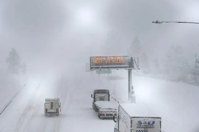 A lone camper truck moves north bound on the I-80 at the Donner Pass Exit on Friday, March 1, 2024, in Truckee, Calif. The most powerful Pacific storm of the season is forecast to bring up to 10 feet of snow into the Sierra Nevada by the weekend. (Photo by Andy Barron/AP Photo)