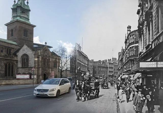 Byward Street near Tower Hill in c.1930 and 2014. (Photo by Museum of London/Streetmuseum app)