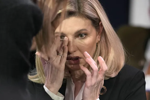 First Lady of Ukraine Olena Zelenska reacts at the World Economic Forum in Davos, Switzerland after the news of a helicopter crash in Ukraine, where Minister of Internal Affairs Denys Monastyrsky died among others on Wednesday, January 18, 2023. The annual meeting of the World Economic Forum is taking place in Davos from Jan. 16 until Jan. 20, 2023. (Photo by Markus Schreiber/AP Photo)