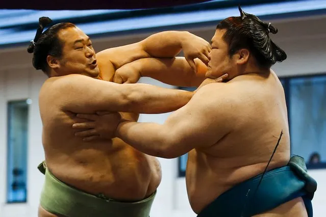 Sumo wrestlers compete during the “Honozumo” ceremonial sumo tournament at the Yasukuni Shrine in Tokyo April 3, 2015. (Photo by Thomas Peter/Reuters)