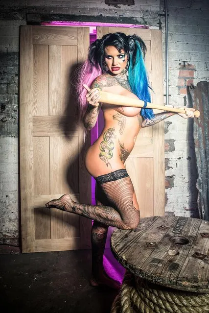 The bisexual glamour model, UK “Ex On The Beach” star Jemma Lucy poses naked and flashes extensive tattoos in X-rated shoot as Margot Robbie’s “Suicide Squad” character Harley Quinn. (Photo by Xposure Photos)