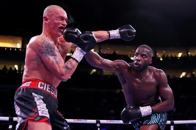 Lawrence Okolie punches Michal Cieslak during the WBO World Cruiserweight Title fight between Lawrence Okolie and Michal Cieslak at The O2 Arena on February 27, 2022 in London, England. (Photo by James Chance/Getty Images)