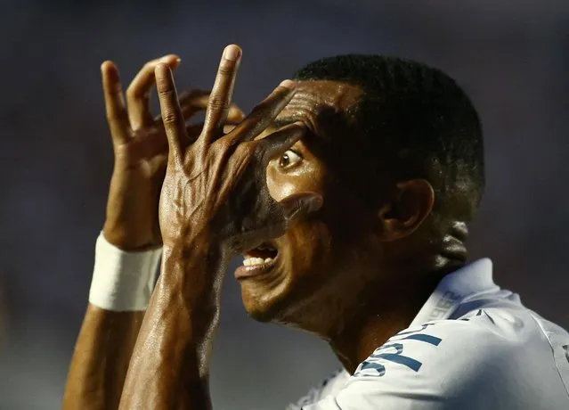 Madson of Santos reacts during the match between Santos and Palmeiras as part of Brasileirao Series A 2022 at Vila Belmiro Stadium on May 29, 2022 in Santos, Brazil. (Photo by Carla Carniel/Reuters)