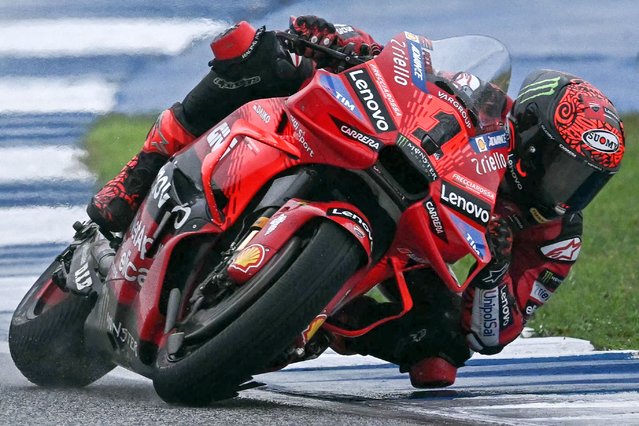 Ducati Lenovo Team's Italian rider Francesco Bagnaia rides during the MotoGP Thailand Grand Prix at the Buriram International Circuit in Buriram on October 27, 2024. (Photo by Lillian Suwanrumpha/AFP Photo)