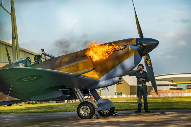 Spitfire MK356 from the Battle of Britain Memorial Flight preparing to take off after a rare hot start at RAF College Cranwell in Lincolnshire on May 21, 2022. (Photo by Lisa Harding/Bav Media)