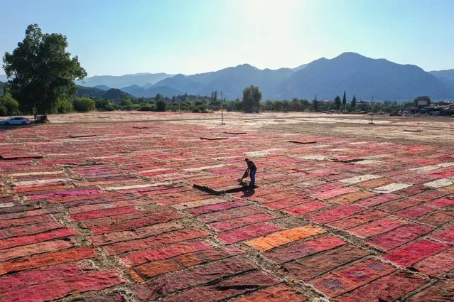An aerial view of hand-woven carpets and rugs laid in the sun in Dosemealti district, Antalya, Turkiye on July 29, 2022. The hand-woven carpets and rugs are laid out in the fields to purify their germs and turn their colors into pastels, after being washed, dried and repaired. (Photo by Orhan Cicek/Anadolu Agency via Getty Images)