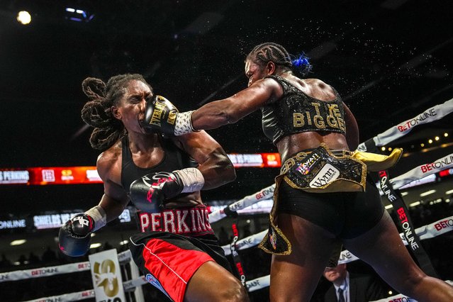 Claressa Shields (R) punches Danielle Perkins during the ninth round of their undisputed heavyweight title bout on February 02, 2025 at Dort Financial Center in Flint, Michigan. (Photo by Nic Antaya/Getty Images/AFP Photo)