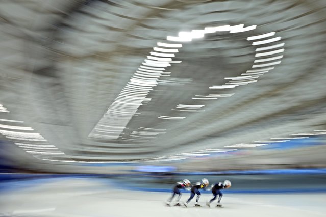 Skaters from South Korea compete during the men's team pursuit speed skating final at the 9th Asian Winter Games in Harbin, China on Tuesday, February 11, 2025. (Photo by Aaron Favila/AP Photo)