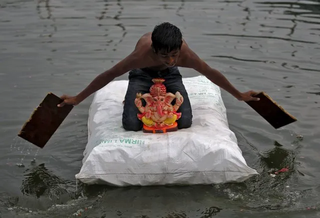 A boy carries an idol of the Hindu elephant god Ganesh, the deity of prosperity, on a makeshift raft in a pond on the banks of river Sabarmati for its immersion during the ten-day-long Ganesh Chaturthi festival, in Ahmedabad, India, September 18, 2015. During the festival, idols are taken through the streets in a procession accompanied by dancing, singing and later immersed in a river or the sea in accordance with the Hindu faith. (Photo by Amit Dave/Reuters)